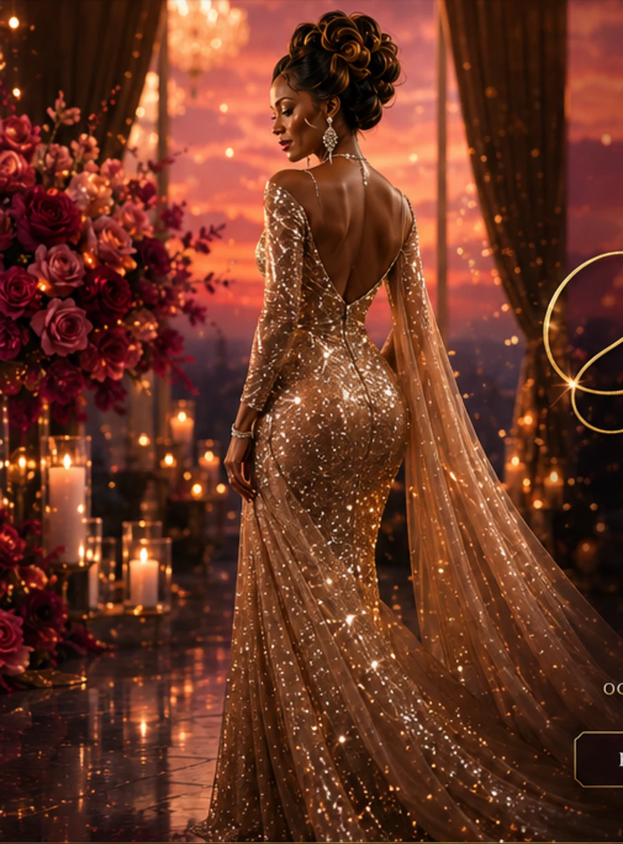 Elegant woman in a sparkling champagne gown at sunset